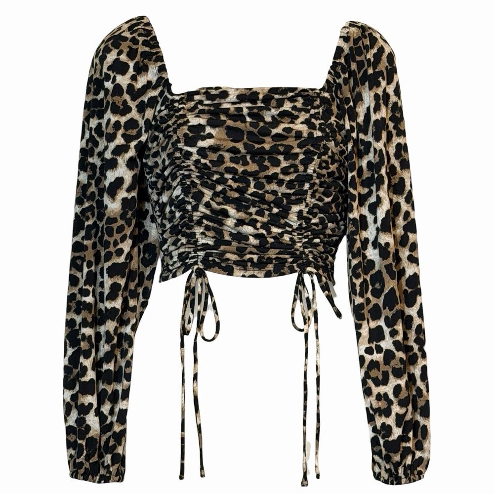 Leopard Print Ruched Crop Top Size Small Forever 21 Puff Sleeve Tie Front Y2K 🐆